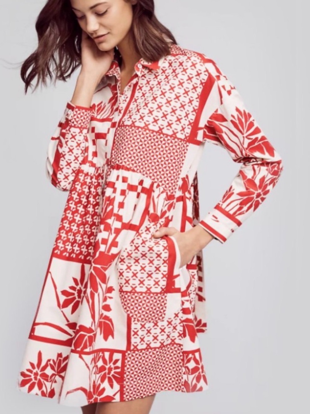 Maeve Red and White Patchwork Floral Shirt Dress